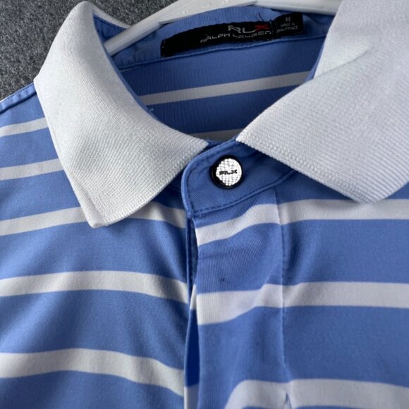 Ralph Lauren RLX Short Sleeve Polo Blue White Striped Medium VALHALLA 2014 - Picture 10 of 11